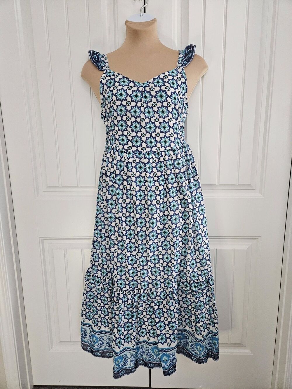 Lucky Brand Tiered Maxi Dress Sz L Cotton Ruffles Boho Stretchy Back Smocked